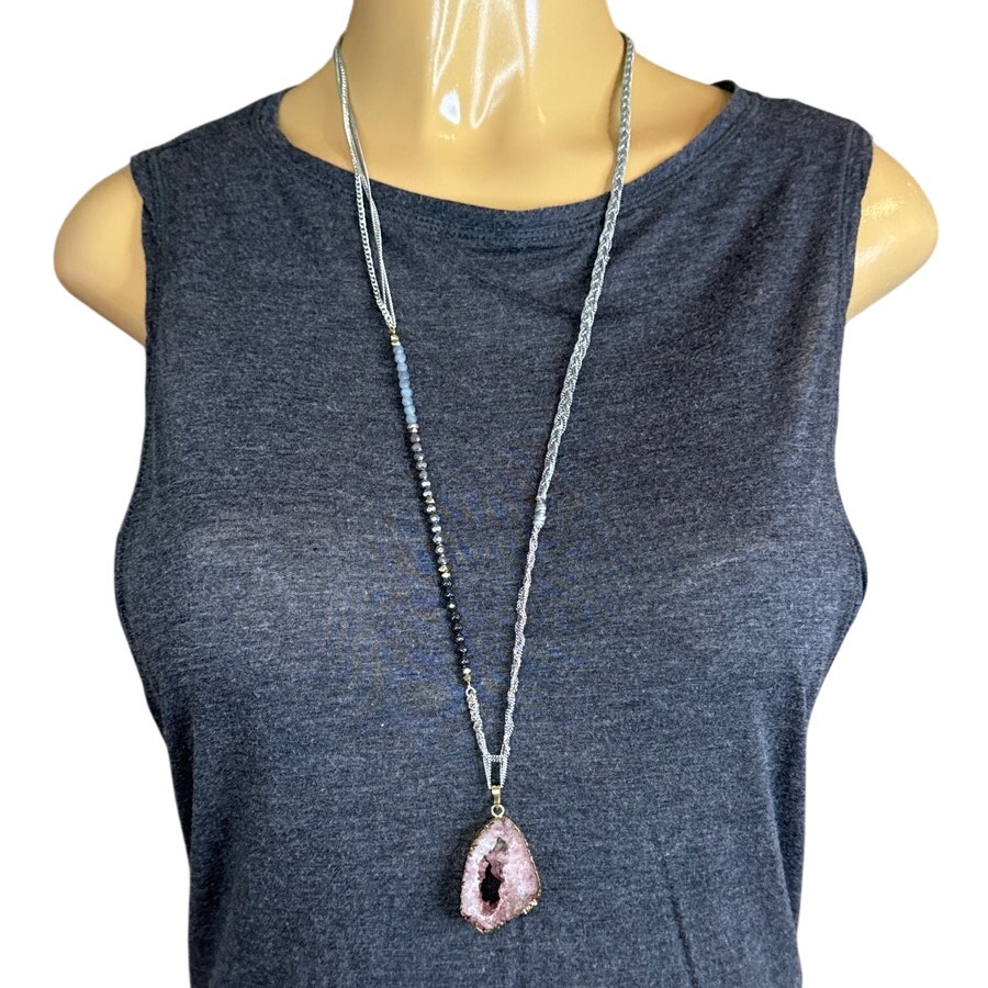 Nakamol Amethyst Geode Slice Pendant Chain Necklace Beading
